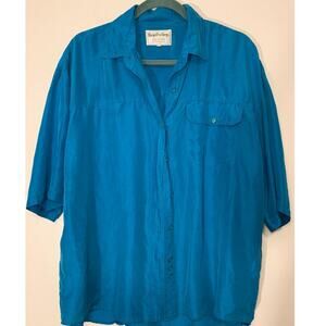 100% Pure Silk Short Sleeves Button Down Blouse, Size L